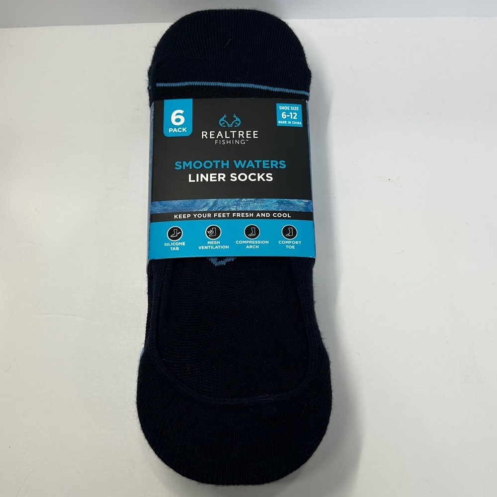 Realtree Fishing Men 6 Pack Smooth Waters Liner Socks Black Blue Size 6-12 NEW